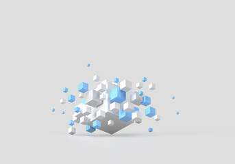 An abstract pattern of geometric shapes of white blue cubes flying in different directions. 3d render on the topic of technology, innovation, engineering, web, development, code. Grey background.