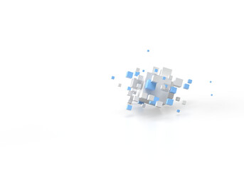 An abstract pattern of geometric shapes of white blue cubes flying in different directions. 3d render on the topic of technology, innovation, engineering, web, development. Transparent background.