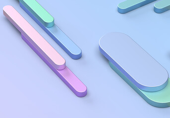 Abstract pattern of geometric metal shapes of rounded rectangles, cubes. Delicate, pastel colors of purple, pink. 3d rendering on the theme of design, fashion, style, bank, finance. Purple background.