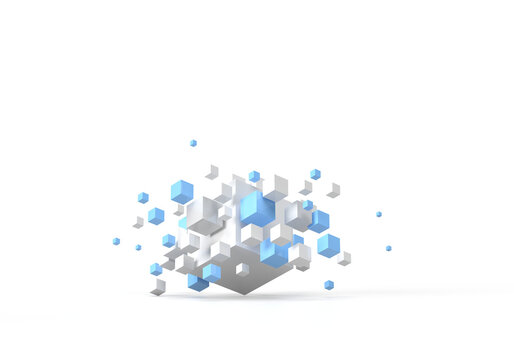 An abstract pattern of geometric shapes of white blue cubes flying in different directions. 3d render on the topic of technology, innovation, engineering, web, development. Transparent background.