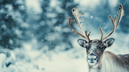A blurred reindeer stands out against a snowy backdrop with hints of trees and mountains in the distance. .