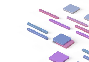 Abstract pattern of geometric metal shapes of rounded rectangles, cubes. Delicate, pastel colors of purple, pink. 3d rendering on the theme of style, bank, finance. Transparent background.