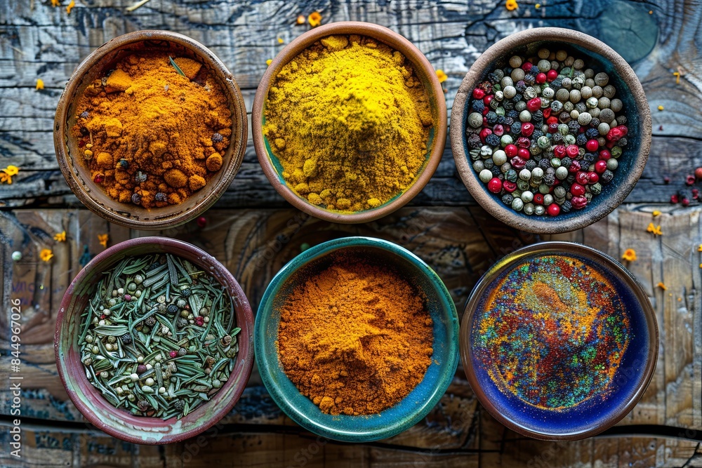 Poster an overhead shot of various spices in colorful ceramic bowls on a rustic wooden surface. generative 