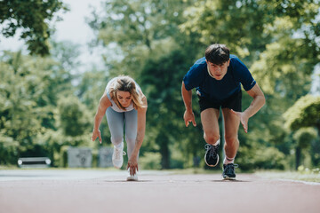 Obraz premium Two young athletes in a starting position, getting ready to run outdoors on a sunny day, showcasing determination and fitness.