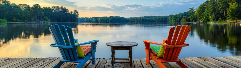 Fototapeta premium Two Adirondack chairs sit on a dock overlooking a calm lake at sunset.