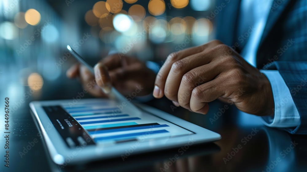 Poster close-up of a man analyzing a graph on a tablet