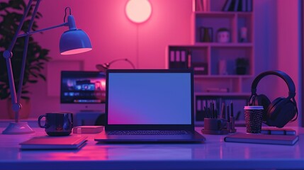 Laptop, Headphones, and a Cup of Coffee on a Desk in a Pink Lit Room