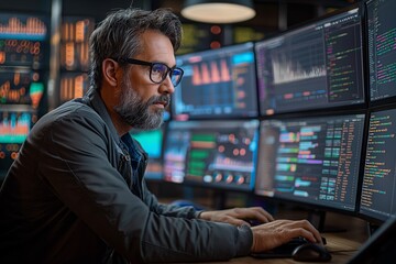 Obraz premium Professional analyzing data on computer screens