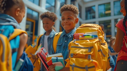 the moment of students excitedly unpacking new school supplies from their backpacks in a high-definition, 8K image, showcasing the anticipation of starting a new school year.