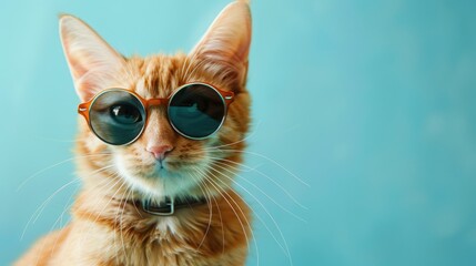 Funny ginger cat with sunglasses on light cyan background