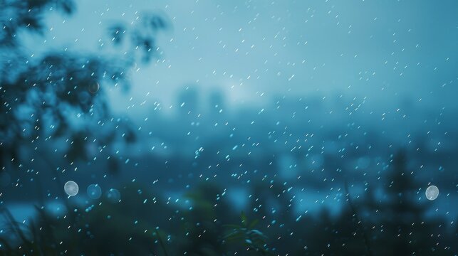 In this defocused landscape the downpour over the coastline is apparent through the soft hazy tones of blue and white. The blurred silhouette of trees and buildings adds a touch of .