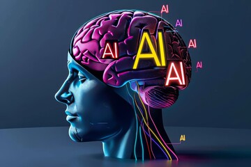 Obraz premium AI brain illustration with neon colors, showcasing advanced technology, artificial intelligence, and creativity in a vibrant, futuristic setting