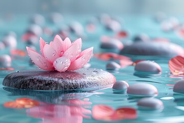 The image is a beautiful close-up of a pink water lily floating on a smooth, gray stone in a shallow body of water