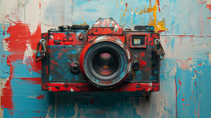 Vintage film camera covered in splattered red and blue paint hanging on colorful wall