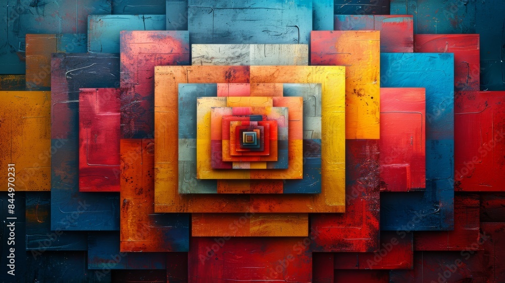Poster colorful abstract background with overlapping squares creating a three dimensional tunnel effect