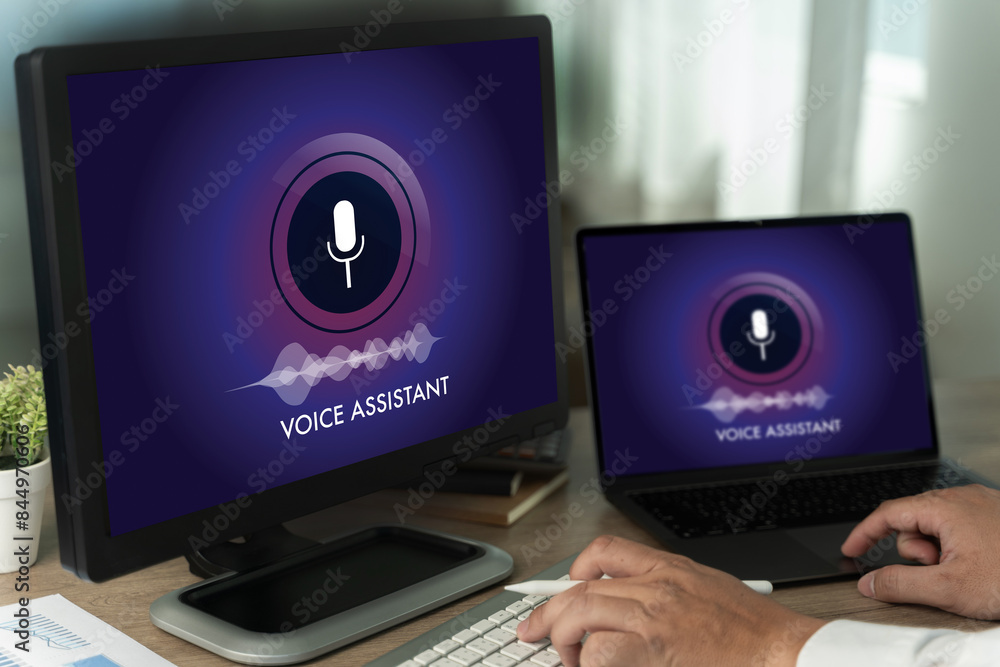 Poster ai voice assistant man talking with digital assistant on computer uses easy voice messaging voice se