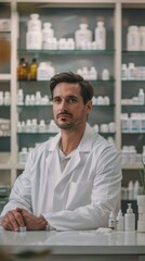 Fototapeta premium Man pharmacist on pharmacy interior banner wallpaper background 