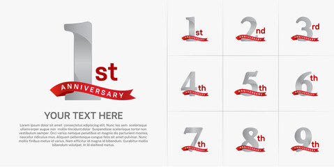 Obraz premium anniversary logotype set vector, silver color and red ribbon for special day celebration