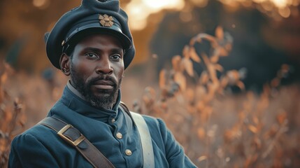 Union soldier in Civil War uniform stands in a field of dry grass, autumn colors in the background
