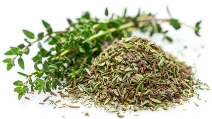Close up of green thyme and dried thyme leaves isolated on a white background