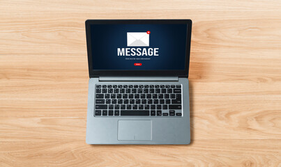 Email notification message showing on computer screen snugly. Digital marketing message information text from business to customer client