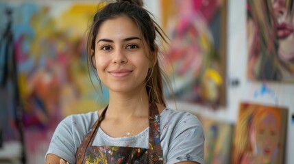 Young female artist smiling confidently in her studio, wearing a paint-splattered apron, with vibrant artwork in the background
