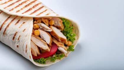grilled chicken strip salad wrap sandwich with tortilla bread, layer lettuce leaves, followed by chicken, shredded cheese, and a drizzle of ranch dressing, isolated on white background