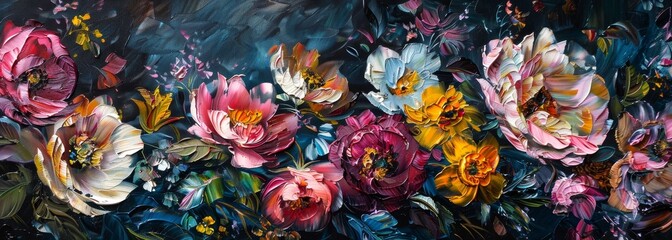 Oil painting flowers art on canvas horizontal banner wallpaper background