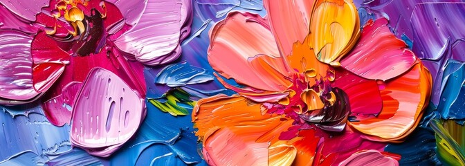 Oil painting flowers art on canvas horizontal banner wallpaper background