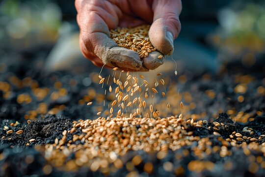 Hand sowing wheat grain in soil: Gospel parable of the sower illustration.