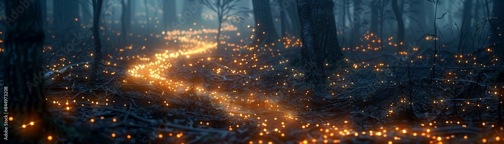 Poster magical forest with a glowing pathway illuminated by countless fireflies at dusk, creating an enchan