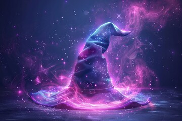 Naklejka premium Magical wizard hat glowing with vibrant pink and purple lights, evoking a sense of fantasy and enchantment in a mystical ambiance.