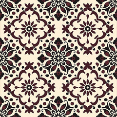 Fototapeta premium Design an elegant pattern with symmetrical waves and floral motifs in the style of traditional Indian color scheme of maroon