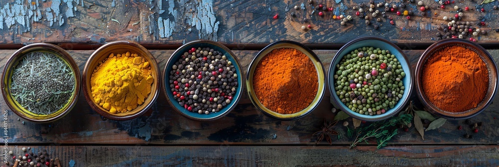 Aufkleber A top-down view of colorful spices in ceramic bowls arranged on a rustic wooden table. Generative AI