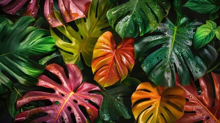Obraz premium Neon vivid summer jungle leaves banner wallpaper background 