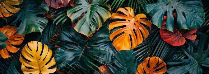 Fototapeta premium Neon vivid summer jungle leaves banner wallpaper background 