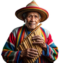 Obraz premium Elderly man in traditional clothing playing pan flute