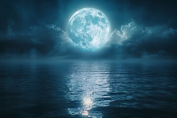 Fototapeta premium Stunning moon reflection over calm ocean waters, surrounded by dramatic, cloudy night sky creating a serene and mystical atmosphere.