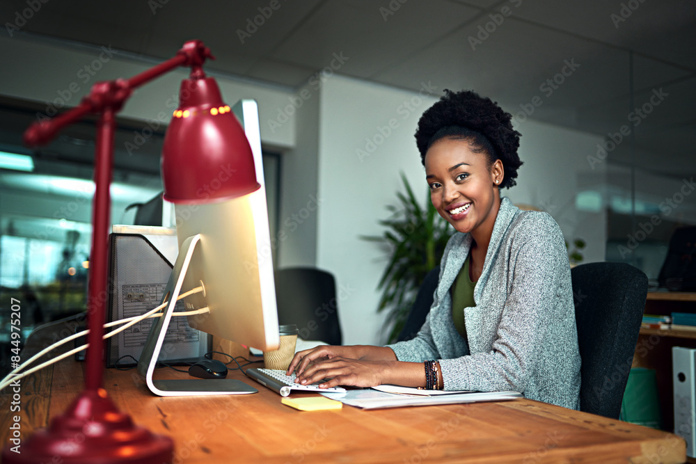 Poster typing, computer and portrait of black woman in office for research with creative project online for