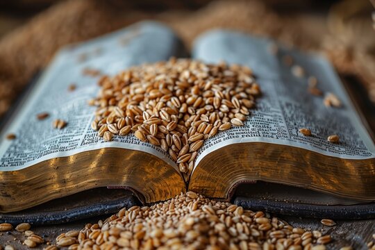 Parable of the Sower: Wheat Seed on Holy Bible. Christian Concept of Bearing Spiritual Fruit
