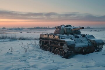 still tank in snowy field at dawn frosty winter morning military vehicle landscape photography