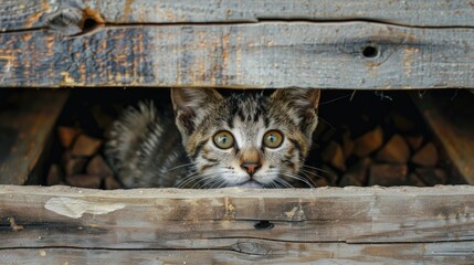 A cat trapped within wooden planks