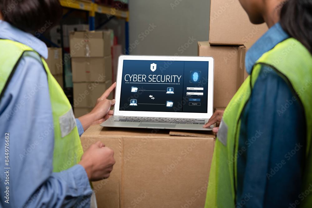 Poster cyber security system on computer screen protect private information snugly from hacker and cyber at