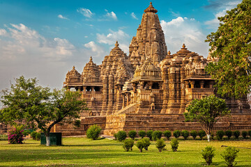Famous indian Madhya Pradesh tourist landmark - Kandariya Mahadev Temple, Khajuraho, India. Unesco...