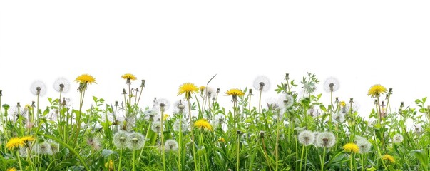 Fototapeta premium Seamless green meadow border with dandelions, isolated on white background