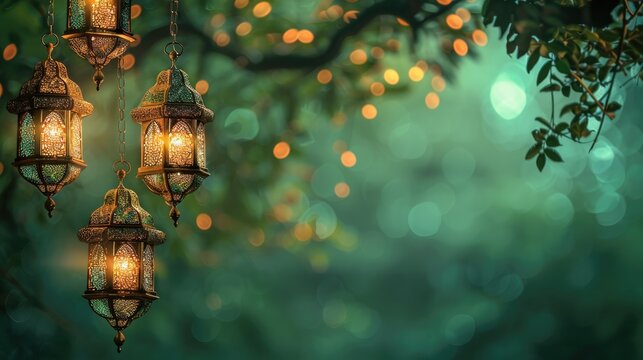 ramadan background, color green and gold, warm theam,with copy space for text and graphics