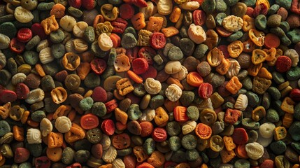 Colorful dry dog food in different shapes covering entire image providing balanced diet for canine companions