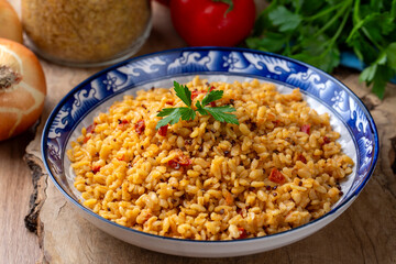 Bulgur pilaf with quinoa, food concept photo. Turkish name; kinoali bulgur pilavi