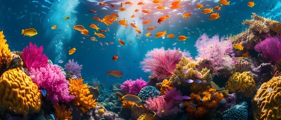 Vibrant marine life glides elegantly amidst the coral reef, flaunting an enchanting palette of colors that outshines the tropical sunset