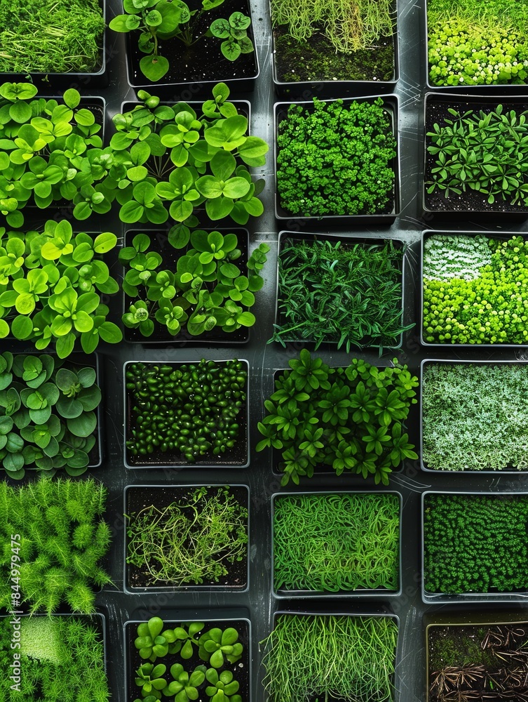Poster A top-down view of a microgreen farm with rows of trays filled with different types of microgreens, showcasing the vibrant green hues of these young plants. Generative AI